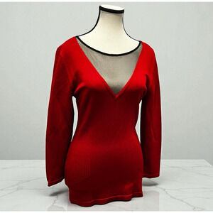 Cache Red Ribbed Knit Black Sheer V Neck Sweater Women's Size Medium Holiday